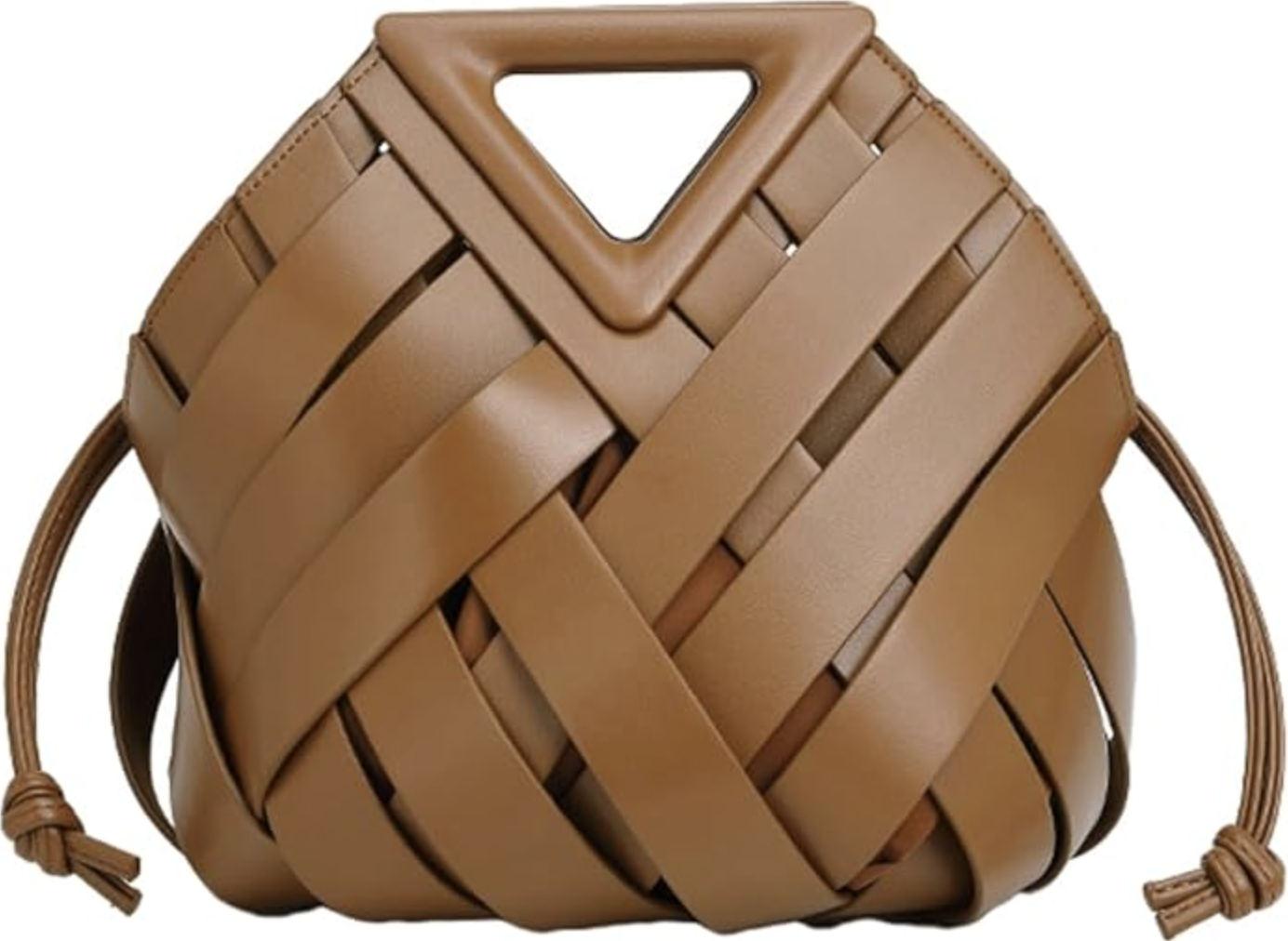 Brown woven leather triangle handle summer handbag under $100 from Amazon