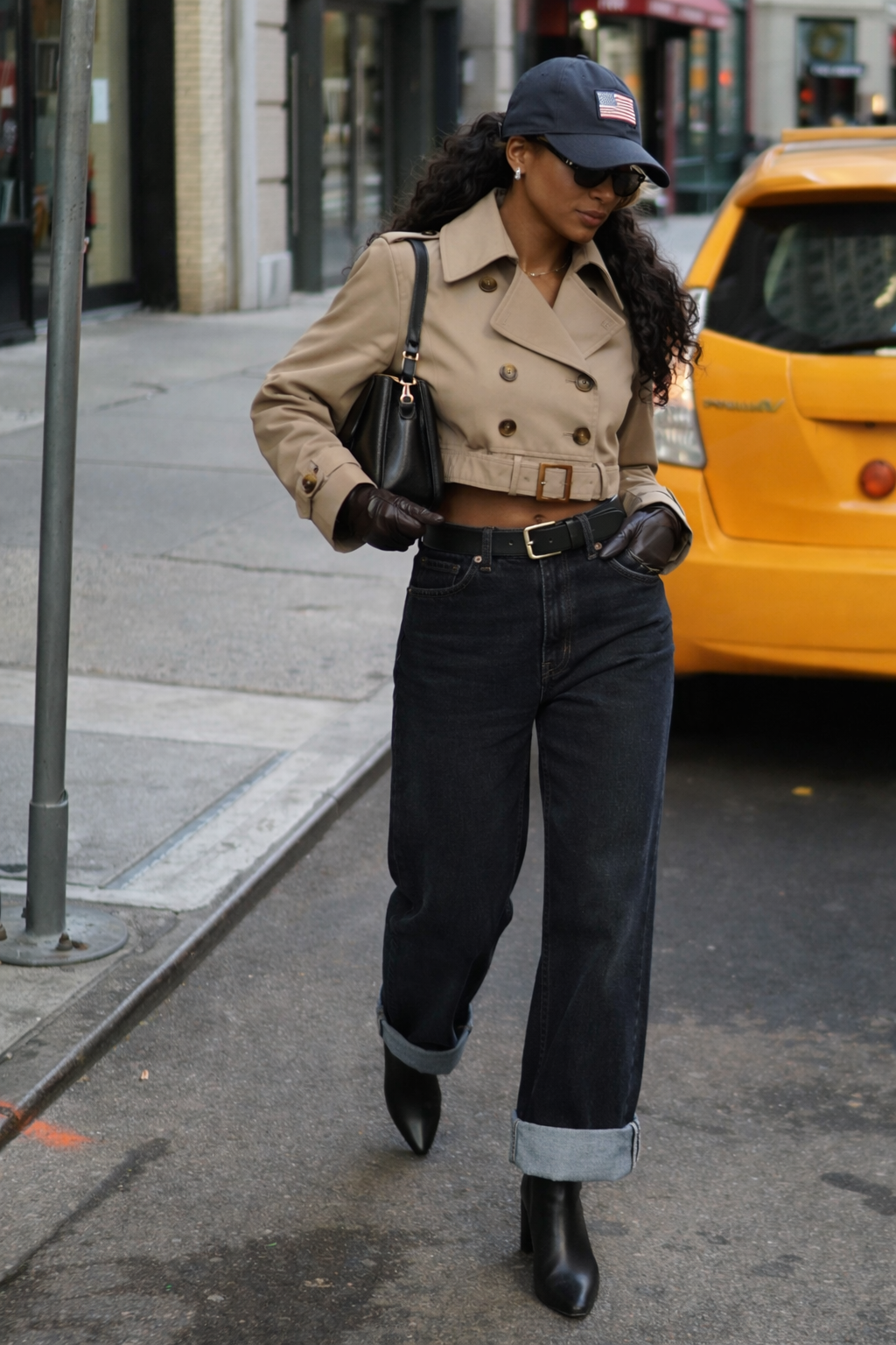 A woman with a long torso and short legs wearing a tan cropped trench coat and high-waisted black wide-leg jeans to balance her proportions.