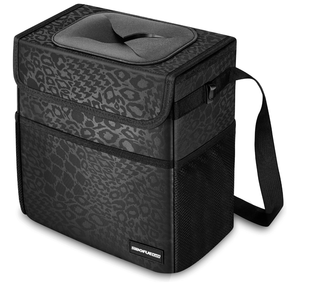Black waterproof HOTOR trash container inside a car