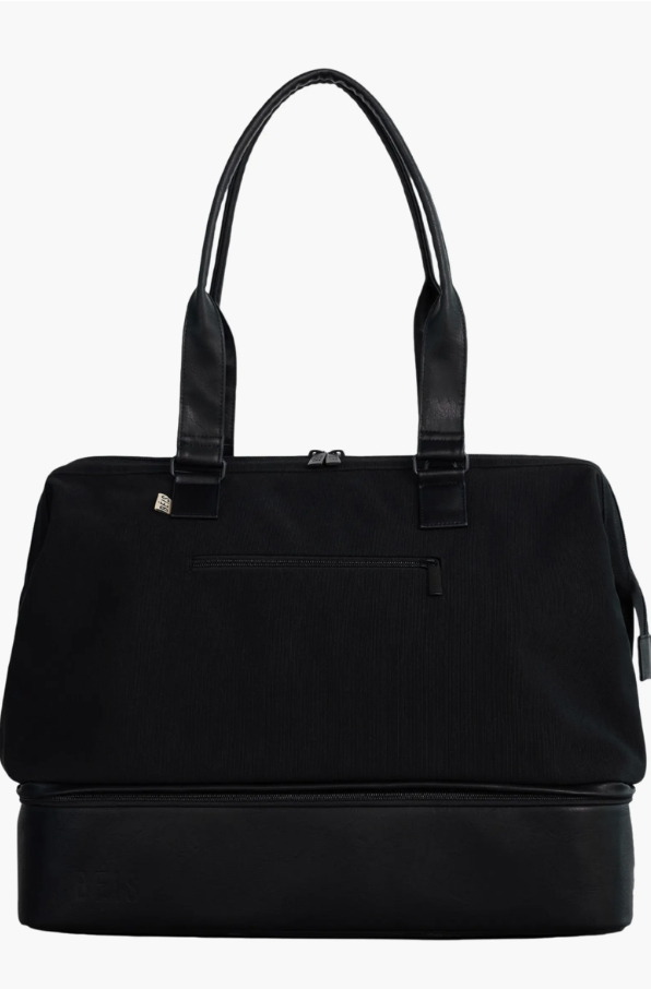 Structured canvas weekender bag with a dedicated zippered bottom compartment for shoes.