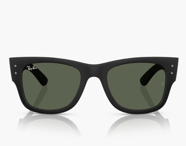 A front-facing shot of black Ray-Ban Mega Wayfarer Liteforce square sunglasses with dark green classic G-15 lenses.
