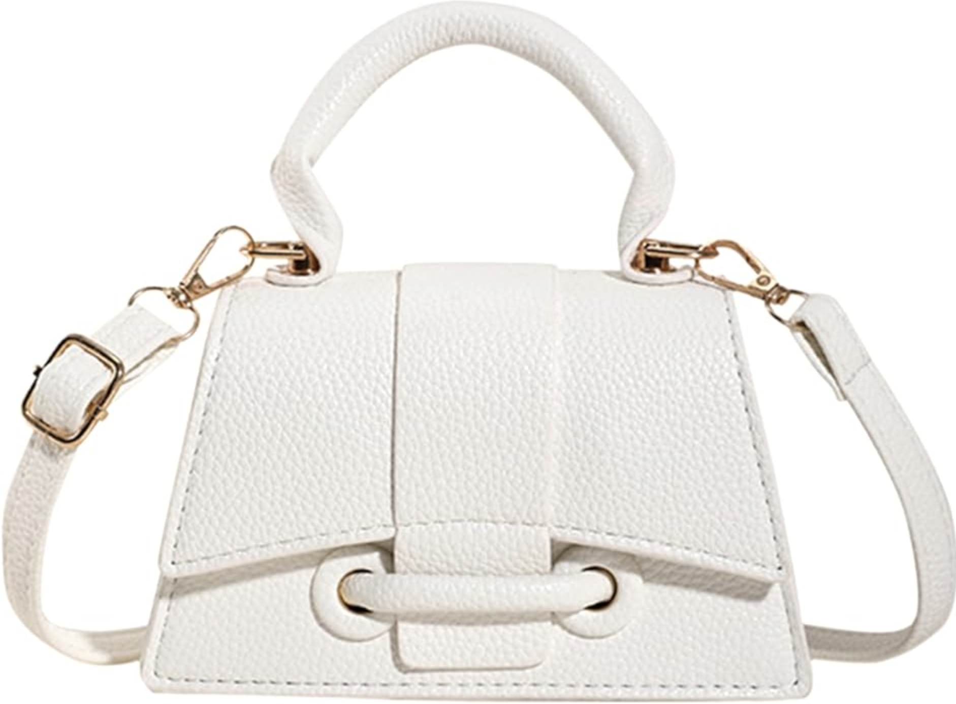A white Micro Mini Crossbody Handbag with a textured leather finish, a top handle, and adjustable gold-tone buckle hardware, styled for a summer BBQ outfit.
