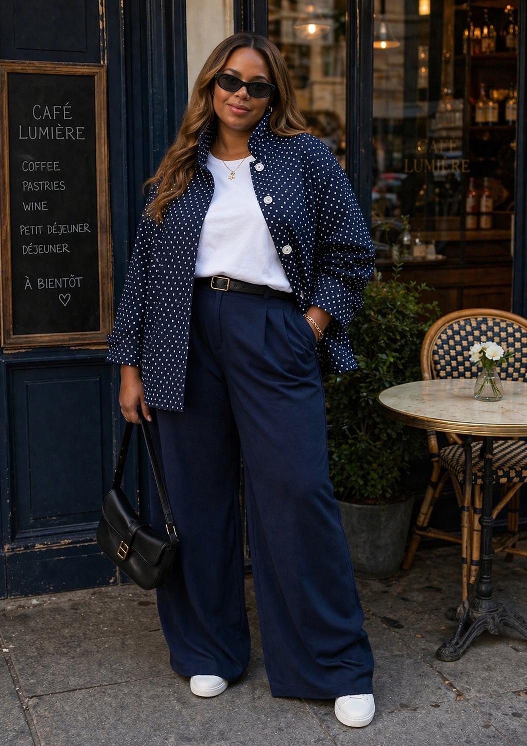 A woman wearing a navy blue polka-dot button-down shirt over a white tee with matching navy wide-leg trousers and white sneakers.
