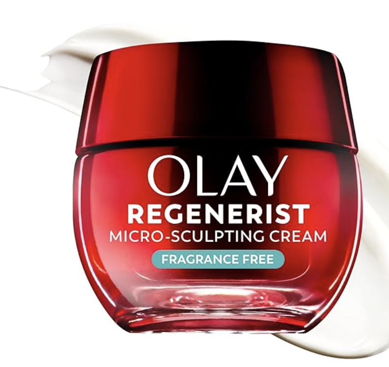 The red jar of Olay Regenerist Micro-Sculpting Cream, a fragrance-free firming moisturizer with hyaluronic acid and peptides for mature skin.