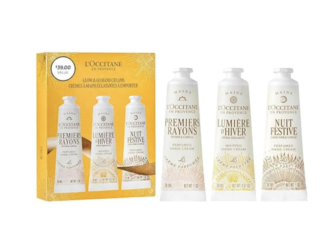 L'Occitane Glow & Go Hand Cream set featuring three travel-size tubes of Shea Butter, Lumière, and Nuit Festive hand creams.