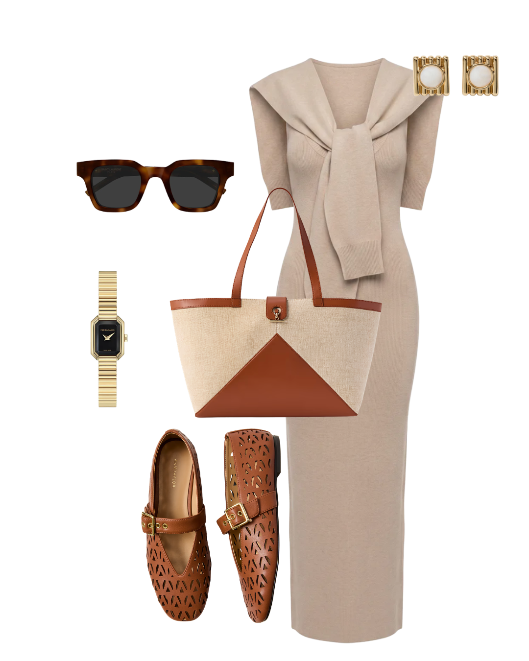 Flat lay of a beige knit midi dress, matching sweater, canvas tote bag, and brown leather mule loafers.