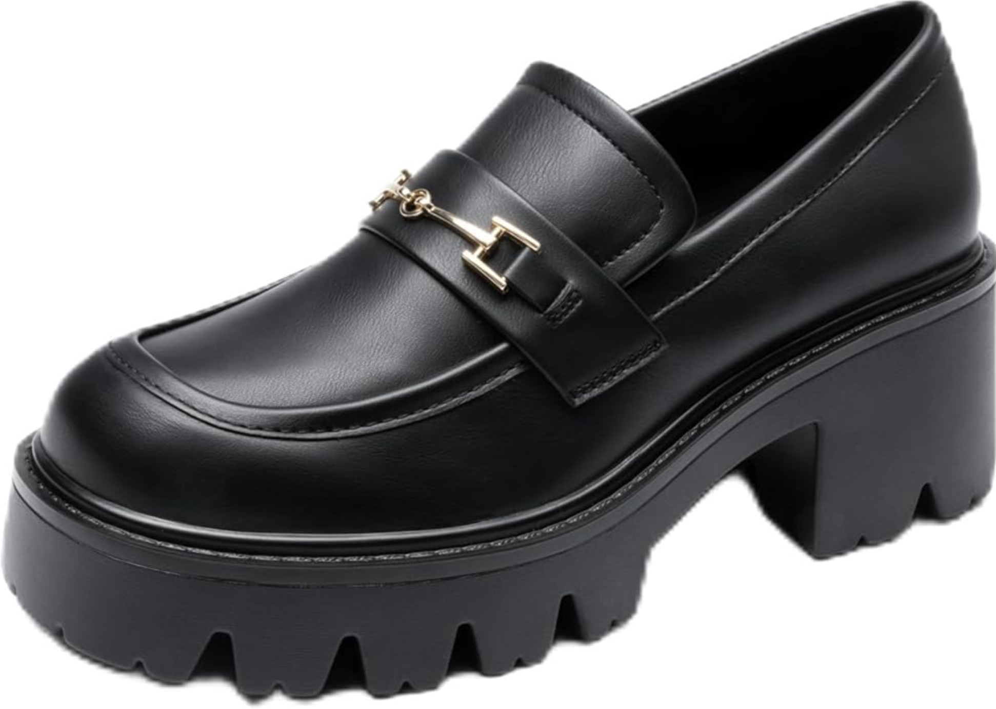 A pair of black leather chunky platform loafers from Amazon, featuring a thick lug sole and a gold horsebit detail on the front.
