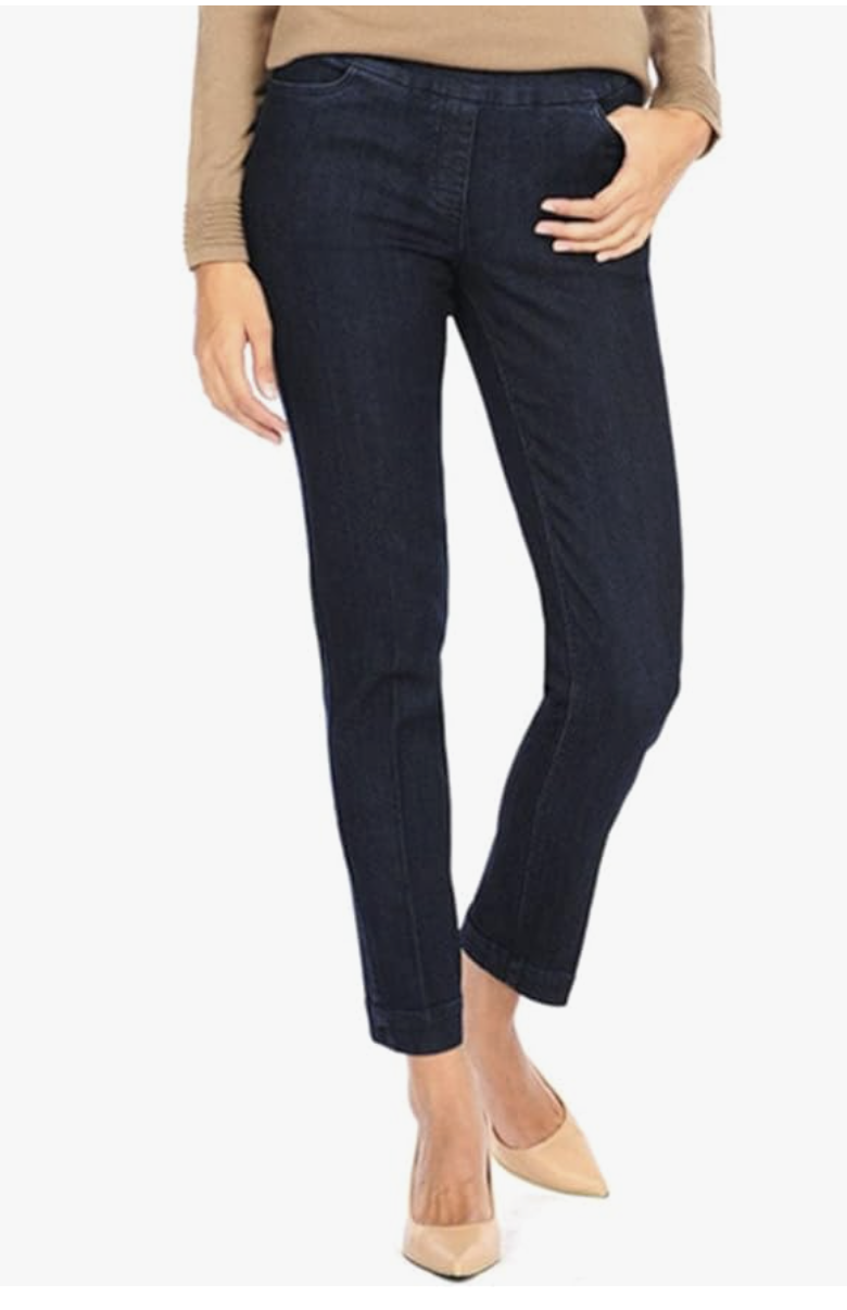 Multiples Women’s Pull-On Narrow Leg jeans in a dark indigo wash, featuring a flat front waistband designed for tummy control and a smooth fit for moms.
