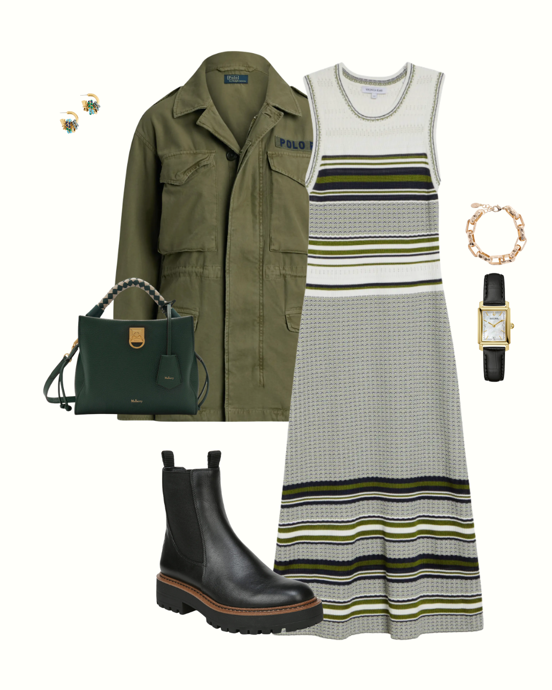 Flat lay of a striped knit midi dress, olive cropped utility jacket and black Chelsea boots for a pumpkin patch outfit
