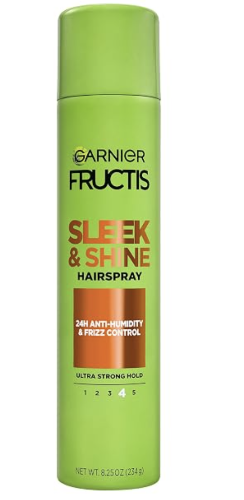 Lime green can of Garnier Fructis Sleek & Shine Hairspray with 24-hour anti-humidity and frizz control.