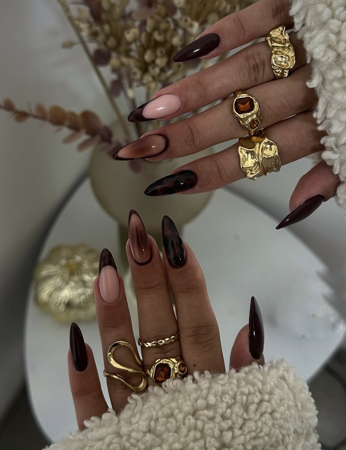 Collection of chic November nail designs featuring burgundy, chocolate brown, olive green and neutral manicures