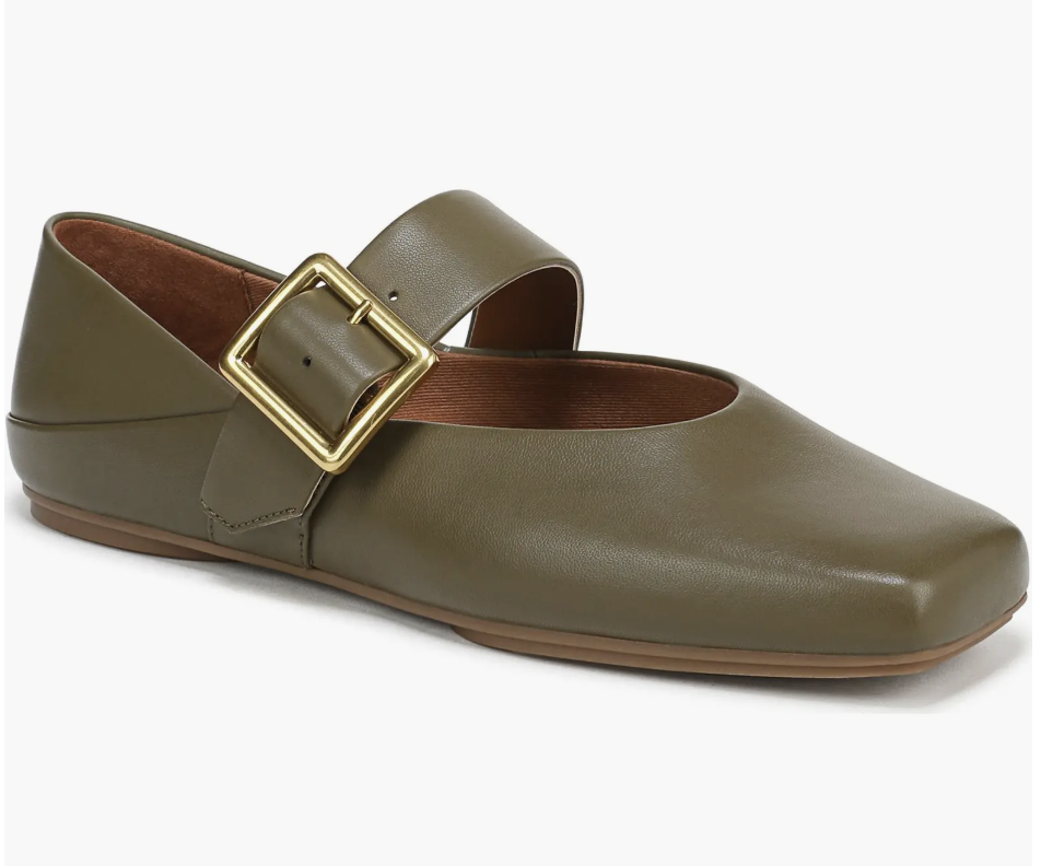 An olive green leather Mary Jane flat for women by Franco Sarto, featuring a square toe and a wide strap with a large gold buckle.