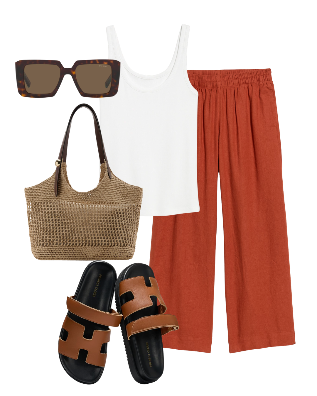 Flat-lay of a casual summer outfit formula featuring rust-orange linen pants, a white ribbed tank top, brown leather slide sandals, and a neutral woven mesh tote bag.