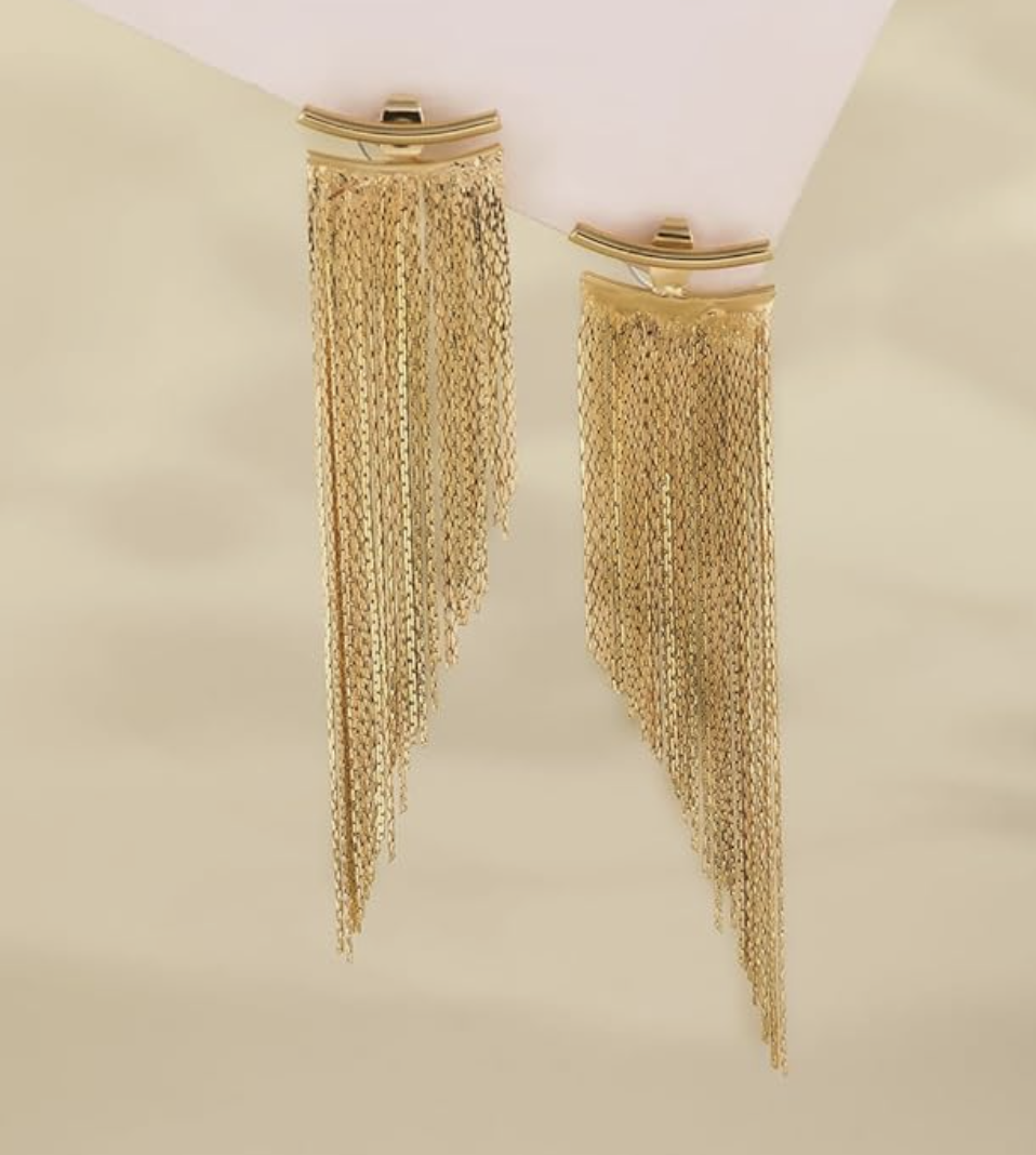 A pair of long gold-plated tassel earrings with delicate, cascading metal fringe chains hanging from a horizontal gold bar.