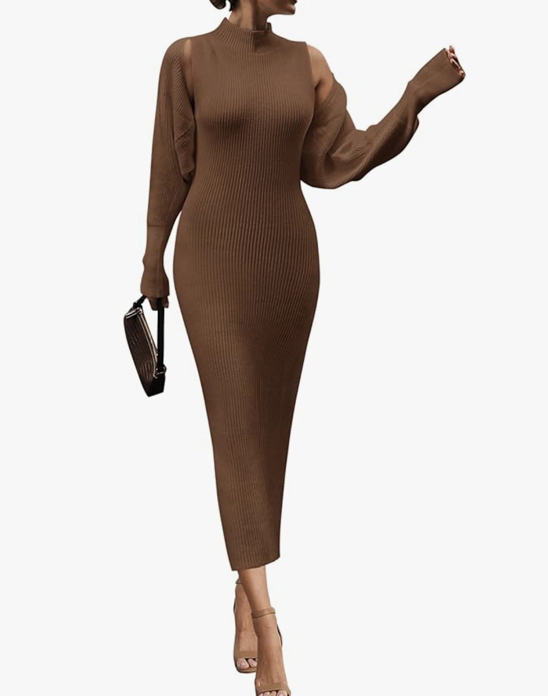 A woman wearing a chocolate brown Long Sleeve Cropped Cardigan Pullover Sweater Maxi Dress set, showcasing a monochromatic knit look.