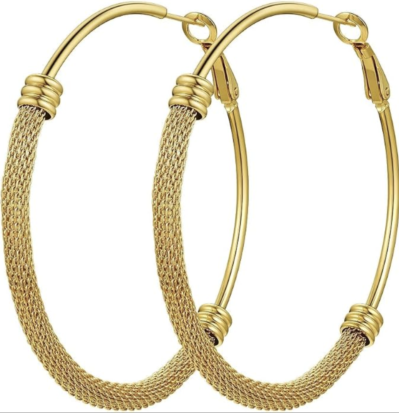 Oversized 60-millimeter PROSTEEL gold-plated mesh hoop earrings.