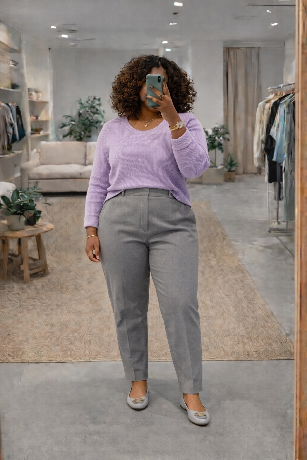 Woman in a lavender knit top and grey tailored trousers with neutral ballet flats.