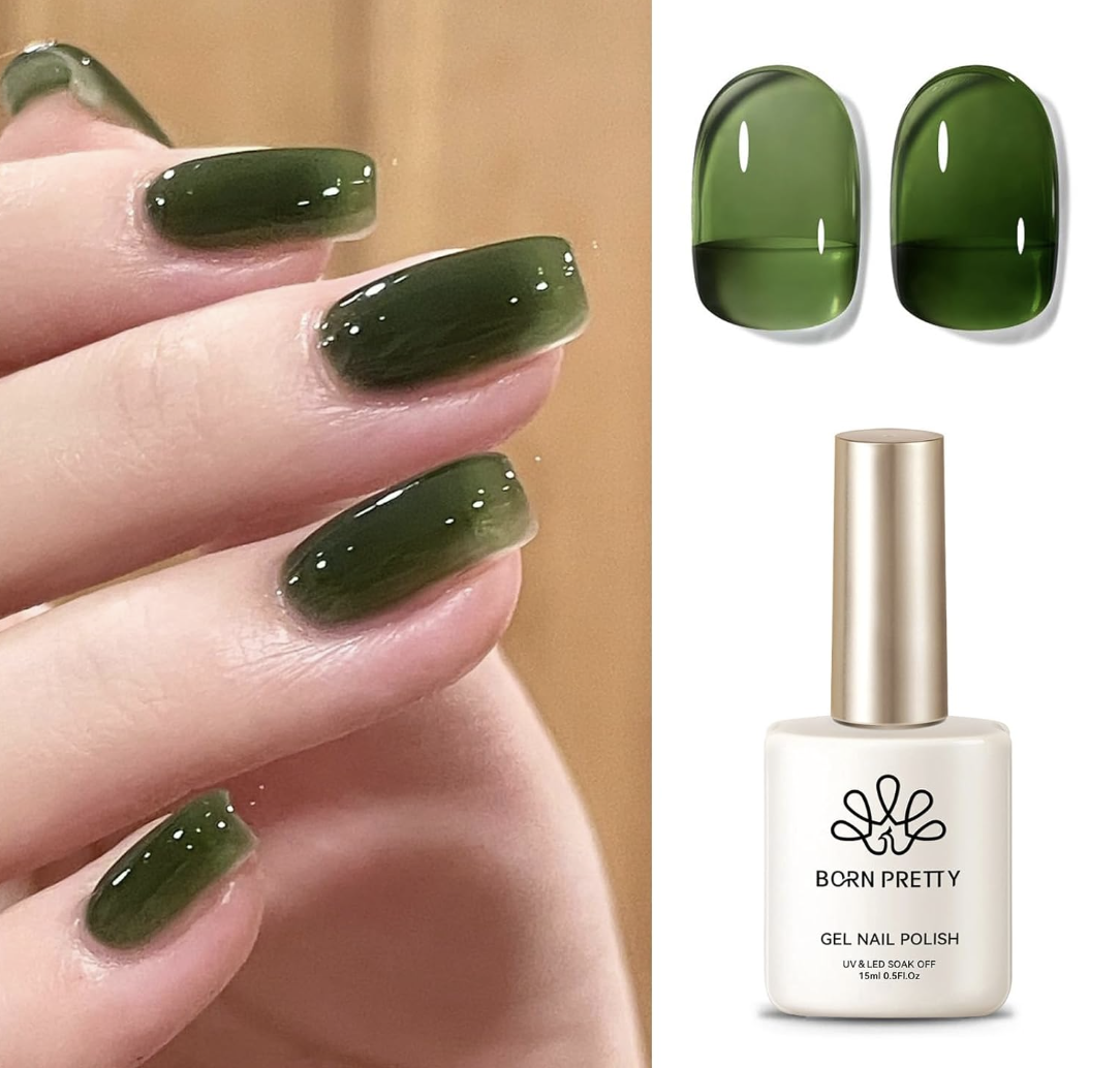 A close-up of Born Pretty Jelly Gel Nail Polish in a translucent matcha green shade, showing a high-shine glass-like finish on nails.