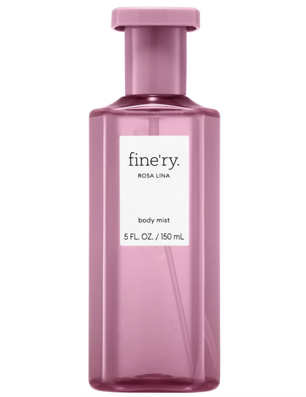 A tall, rectangular translucent pink bottle of Fine’ry Rosa Lina body mist with a pink cap, sitting against a white background.