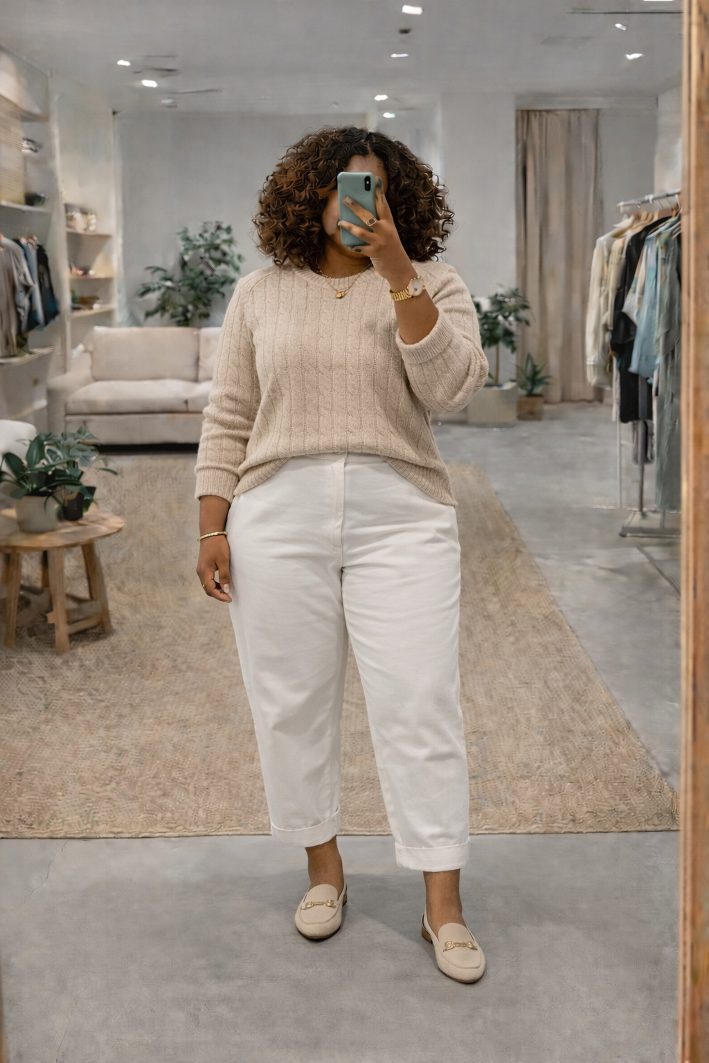 wearing a cream cable-knit crewneck sweater and white high-waisted chino pants. She is styled with beige leather loafers and a gold watch for a preppy, polishe