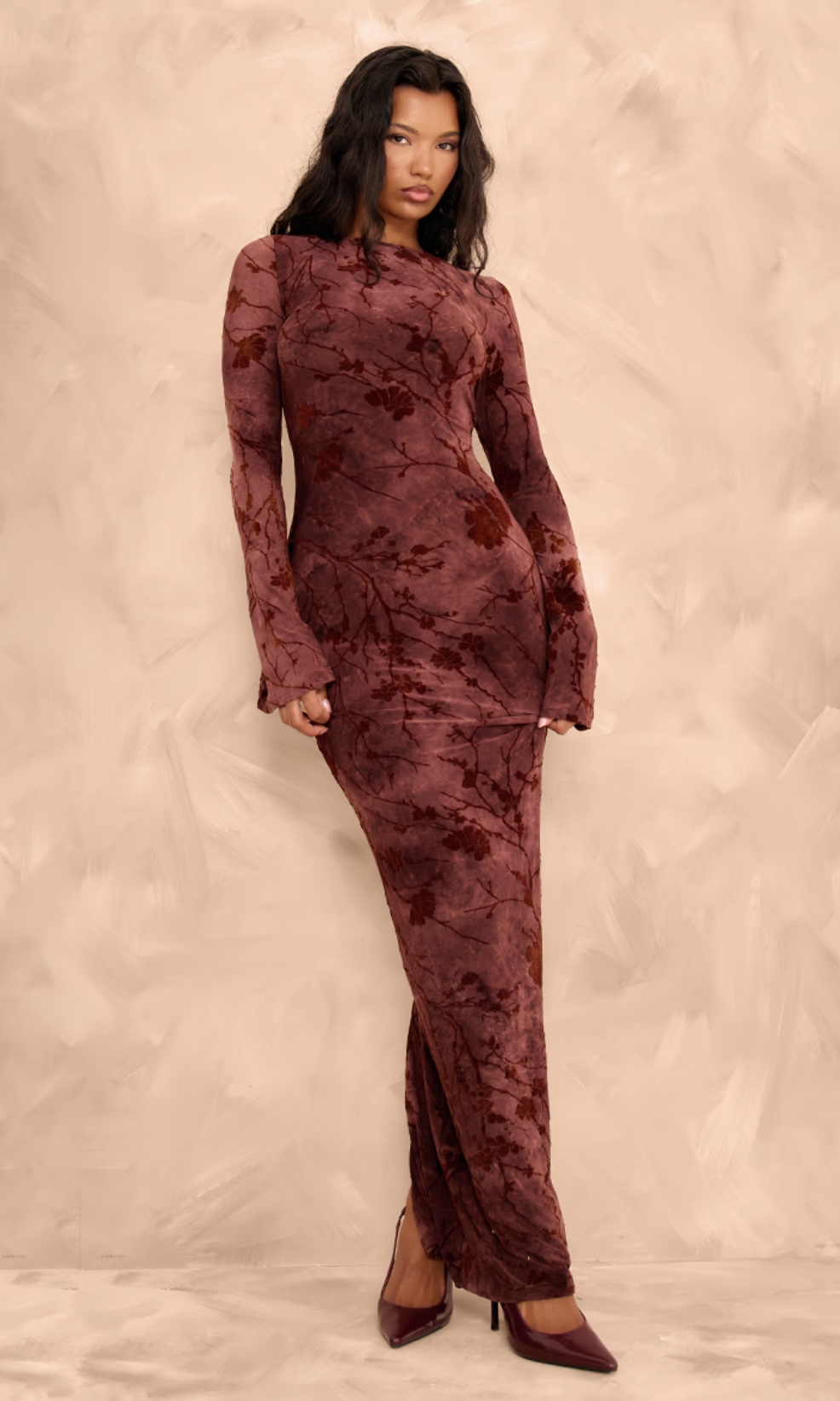 Burgundy Floral Devore Long Sleeve Maxi Dress