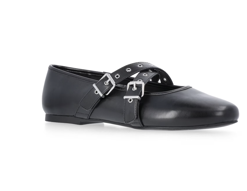 A pair of black patent leather Mary Jane ballet flats featuring a cross-band buckle strap, displayed on a neutral background, highlighting the classic and feminine footwear design.