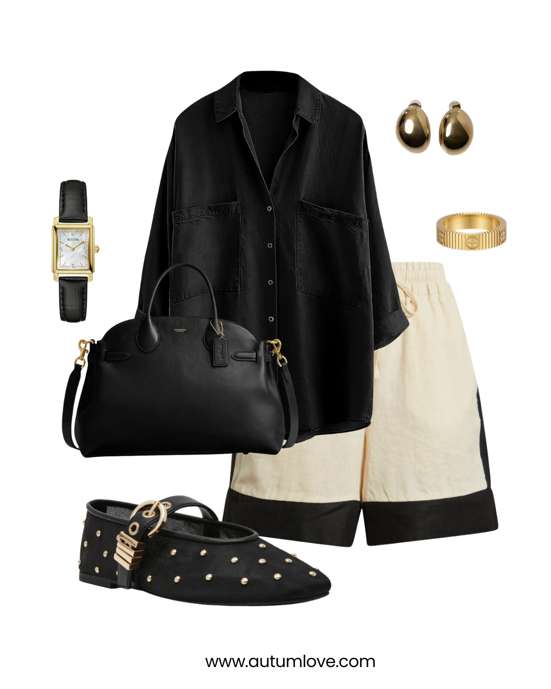 A flat-lay office outfit featuring a black linen button-down shirt, cream-colored longline shorts with black trim, a black leather handbag, studded black ballet flats, and a gold rectangular watch.