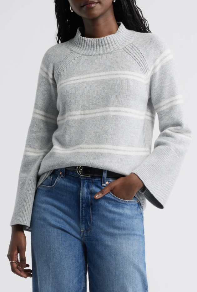Caslon chocolate brown bell-sleeve mock-neck sweater for fall