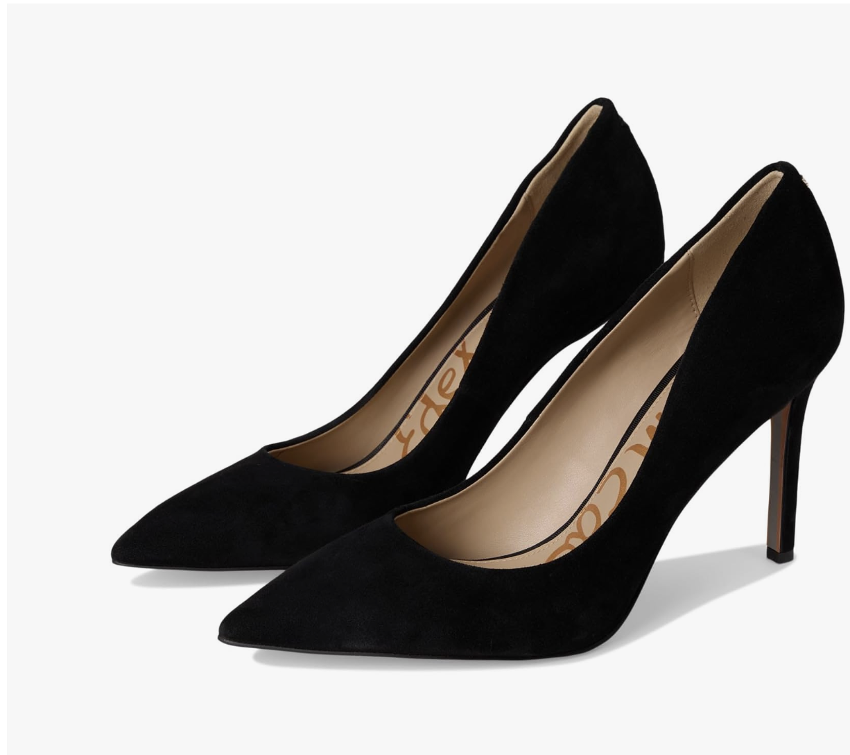 A pair of Sam Edelman Hazel pointed-toe high-heeled pumps in black suede, shown from a side angle against a plain white background.