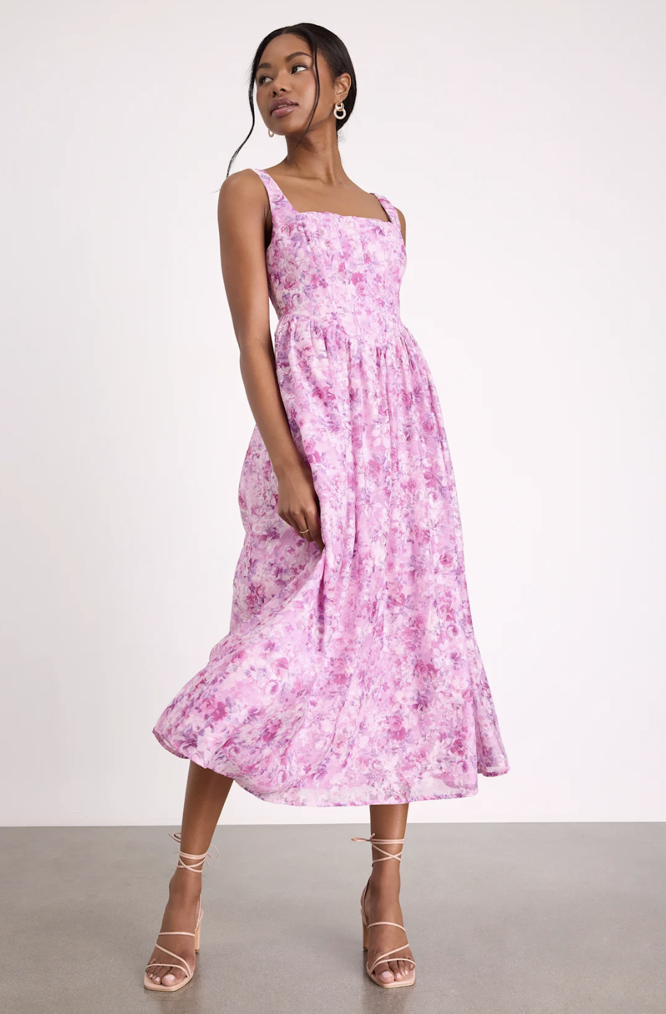 Model wearing the Lulus Colwyn Light Magenta Floral Jacquard Bustier Midi Dress, a romantic heroine inspired spring outfit.