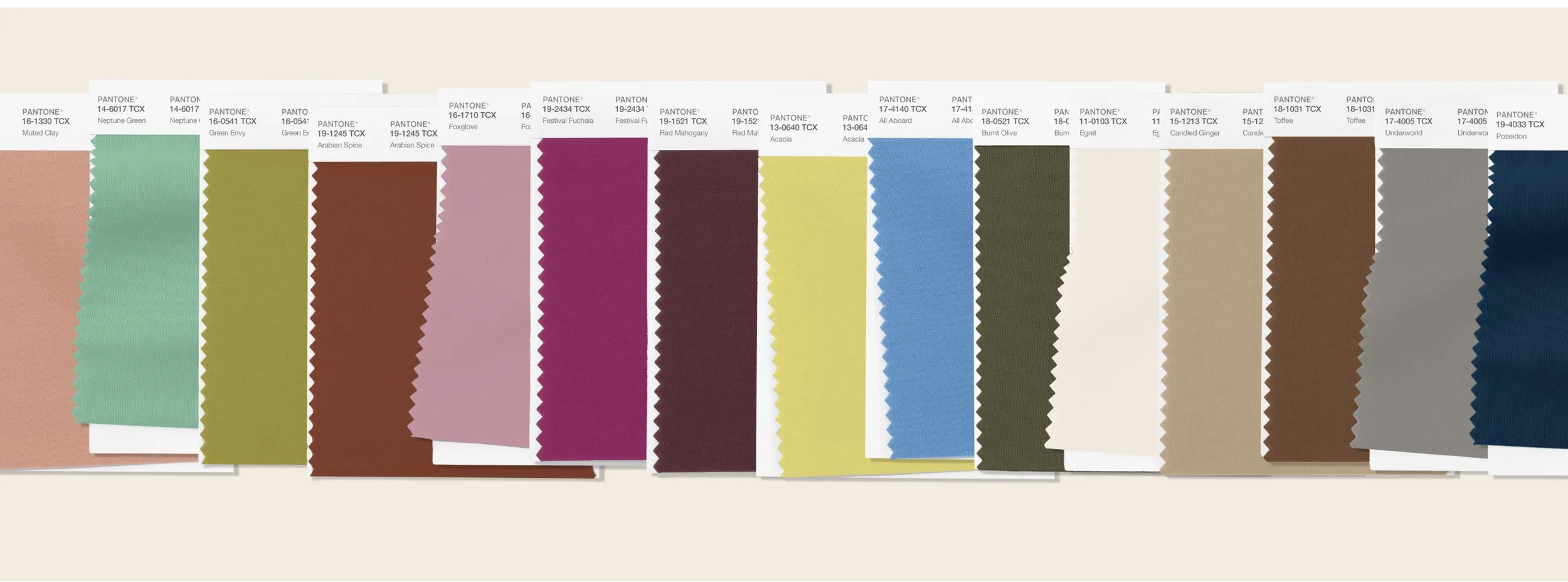 The official Pantone Color Institute color palette for New York Fashion Week Fall/Winter 2026, featuring shades like Muted Clay, Festival Fuchsia, and Cloud Dancer.