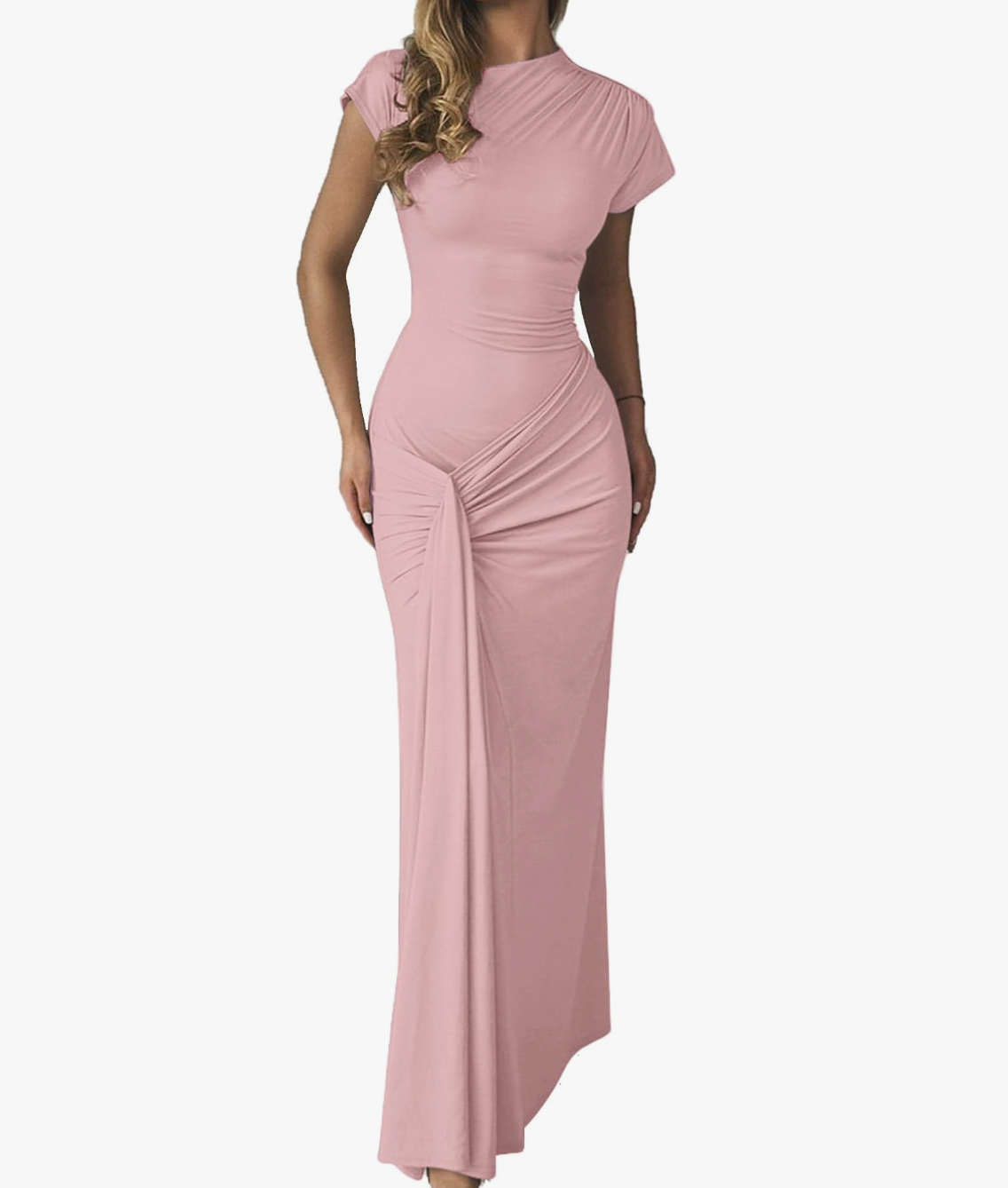 Ruched Short Sleeve Long Dress Cocktail Dress