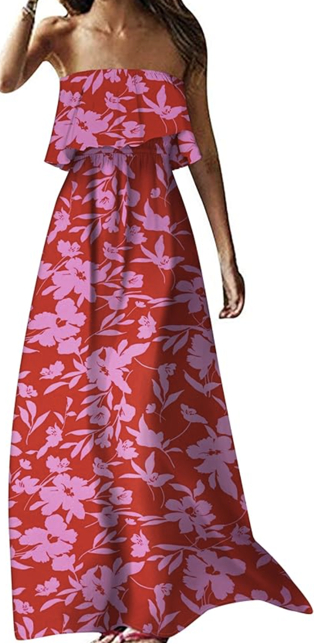 A close-up of a person wearing a bright red and pink floral print off-the-shoulder maxi dress with long sleeves and a tiered skirt.