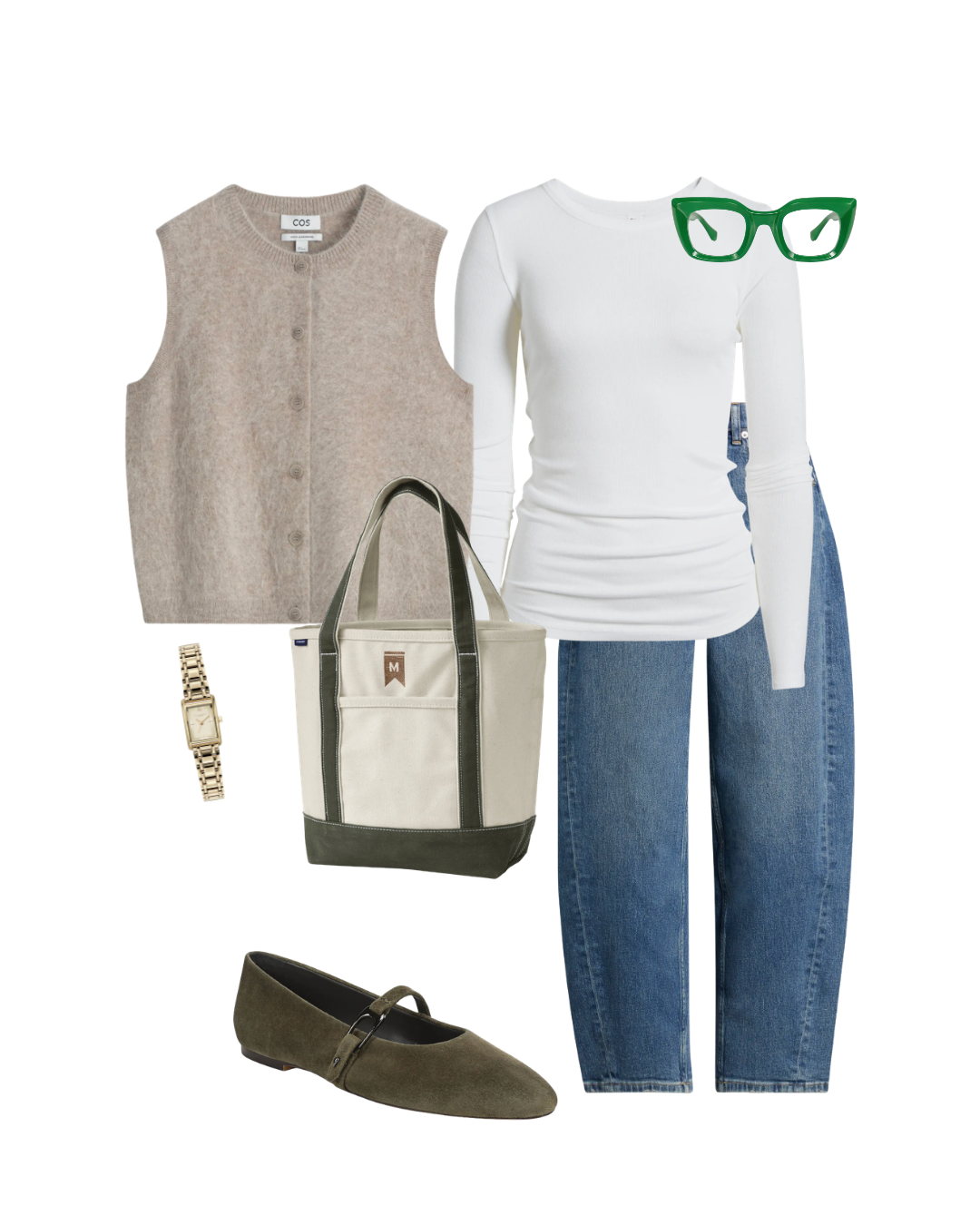 Beige sweater vest layered over a white long-sleeve tee with high-waisted barrel jeans, green glasses, and a canvas tote bag.