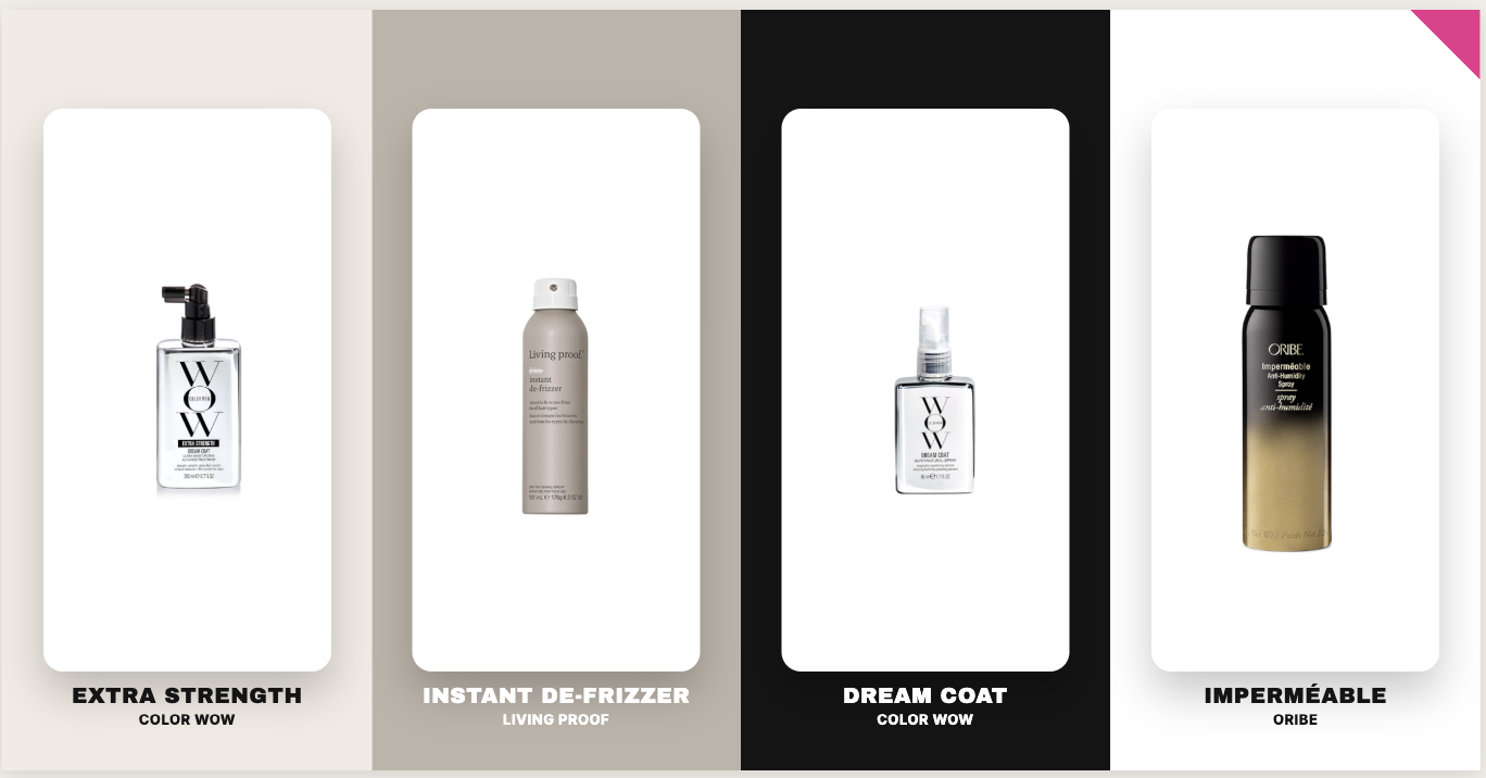 A collage of top anti-humidity hair sprays including Color Wow Extra Strength Dream Coat, Living Proof Instant De-Frizzer, Color Wow Dream Coat, and Oribe Imperméable.