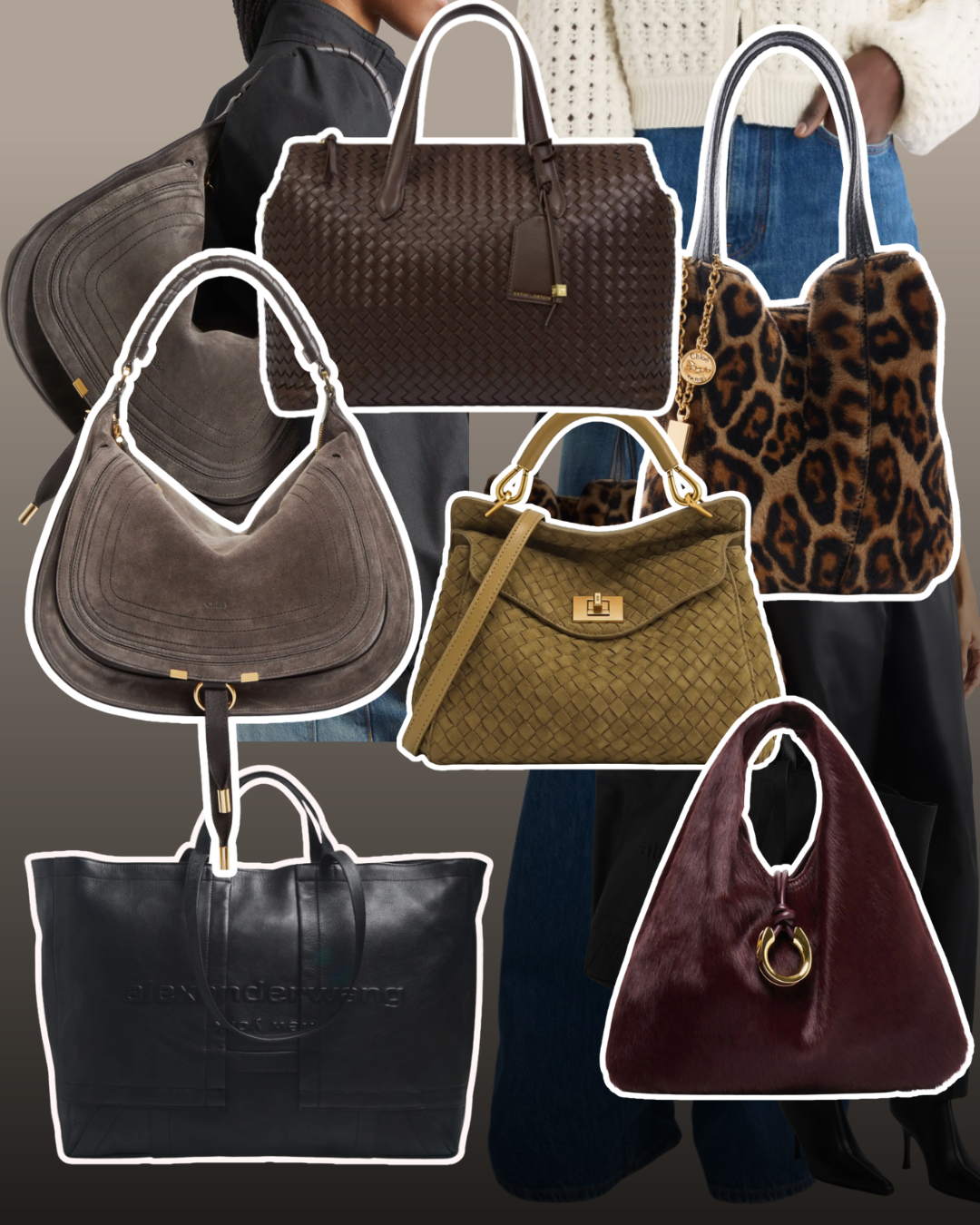 A collage displaying top handbag trends for fall 2026, including slouchy leather shoulder bags, brown suede totes, and structured top-handle purses in neutral tones.