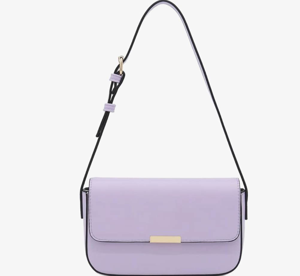 A small lavender purple rectangular flap purse with a gold clasp and a matching adjustable shoulder strap.
