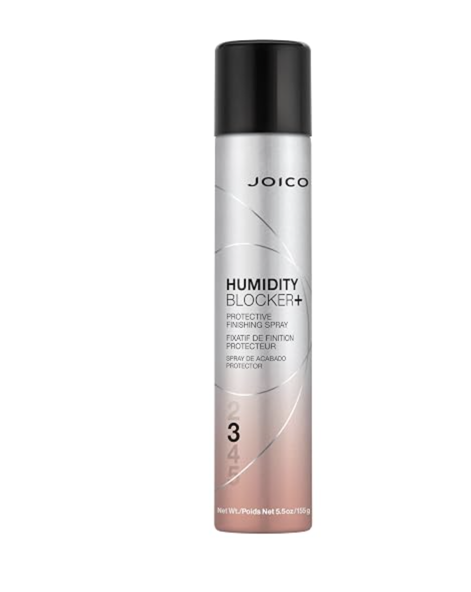 Silver and rose-gold can of Joico Humidity Blocker+ Protective Finishing Spray.