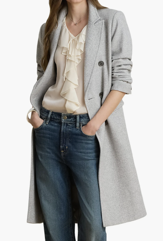 Lauren Ralph Lauren heather grey double-breasted wool blend coat styled over a ruffle blouse and denim jeans