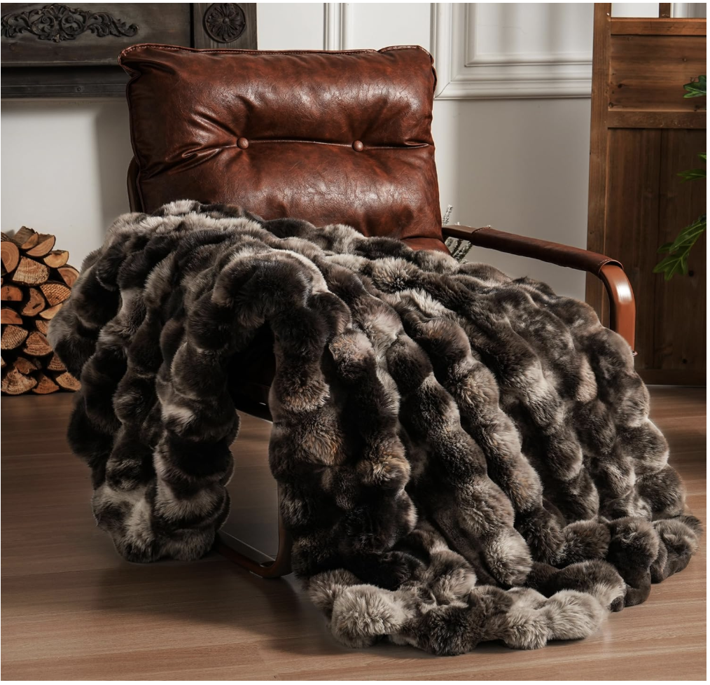 Soft throw blanket folded over a reading chair