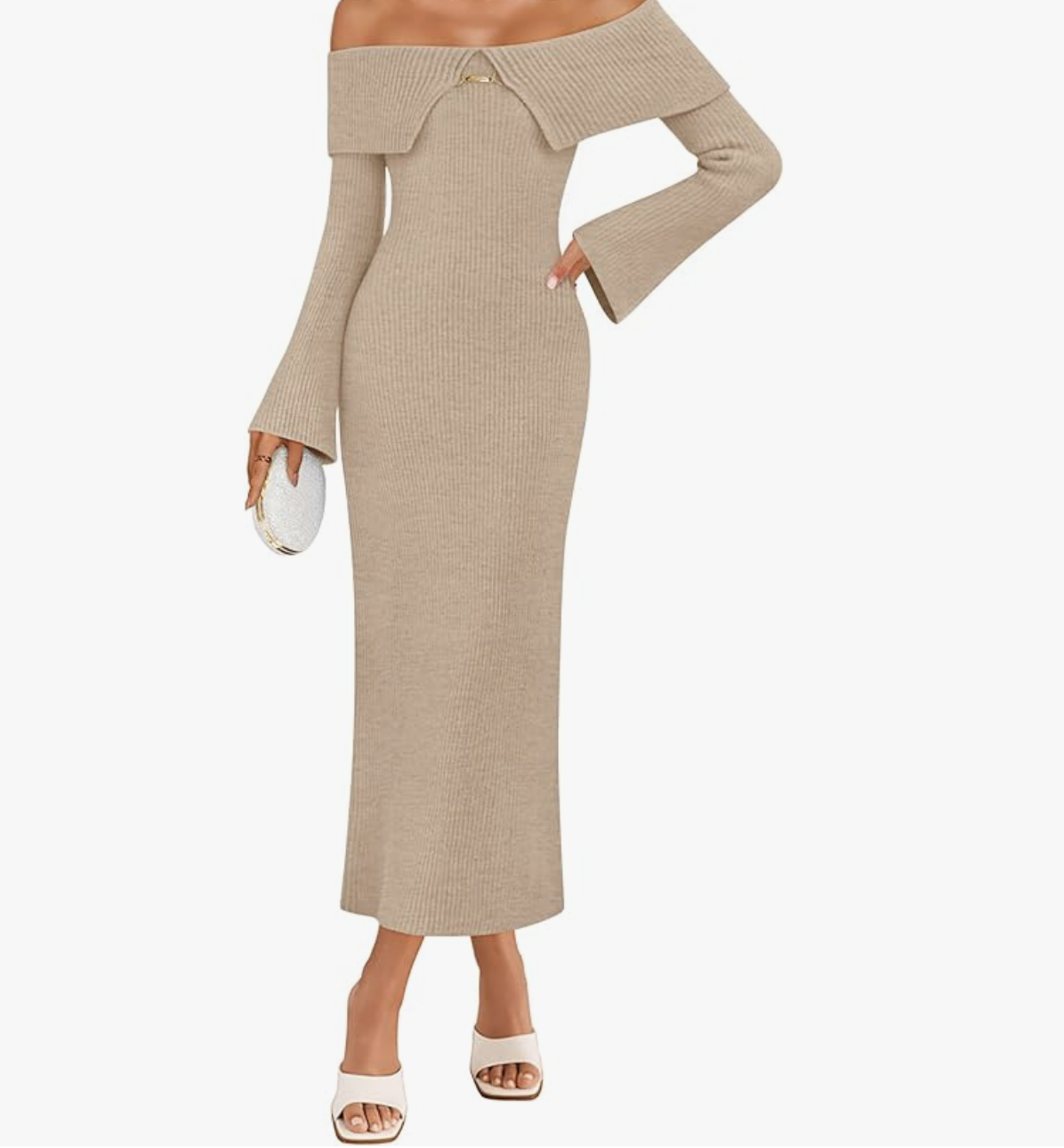 A woman wearing a cream-colored ribbed knit bodycon sweater dress from Amazon, styled with white boots for a monochromatic look.