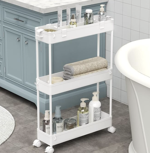 Slim rolling storage cart tucked into a narrow apartment space