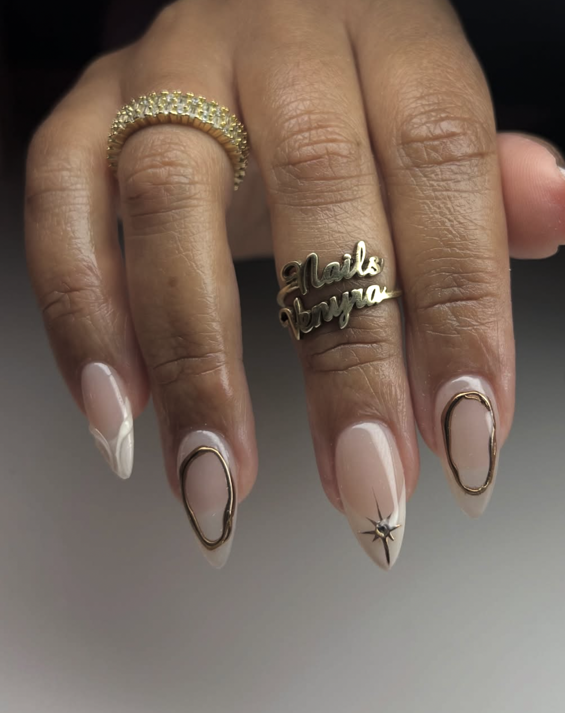 Reflective copper chrome manicure on almond-shaped nails
