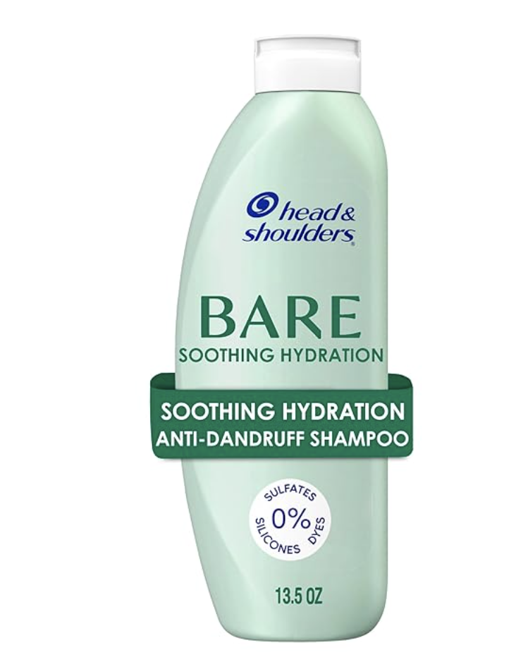 A bottle of Head & Shoulders Bare Soothing Hydration Anti-Dandruff Shampoo with a minimalist 9-ingredient formula.