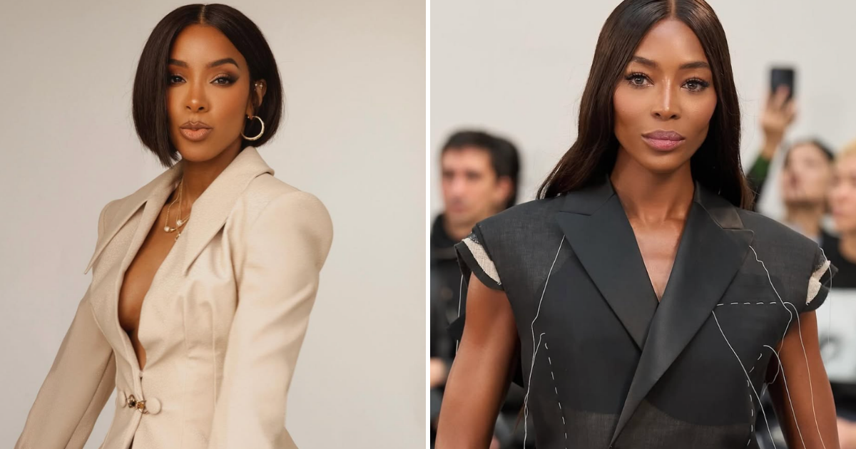 A side-by-side comparison of Kelly Rowland in a tailored tan blazer and Naomi Campbell, showcasing how horizontal volume and sleek textures provide balance for a long or oblong face shape.