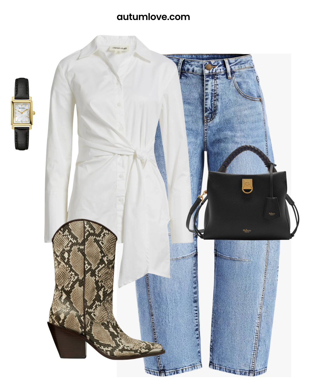 A close-up of pointed-toe western ankle boots in cognac leather paired with medium-wash barrel leg jeans. The slim shaft of the boot fits perfectly under the tapered ankle of the horseshoe denim for a streamlined, modern cowboy aesthetic.