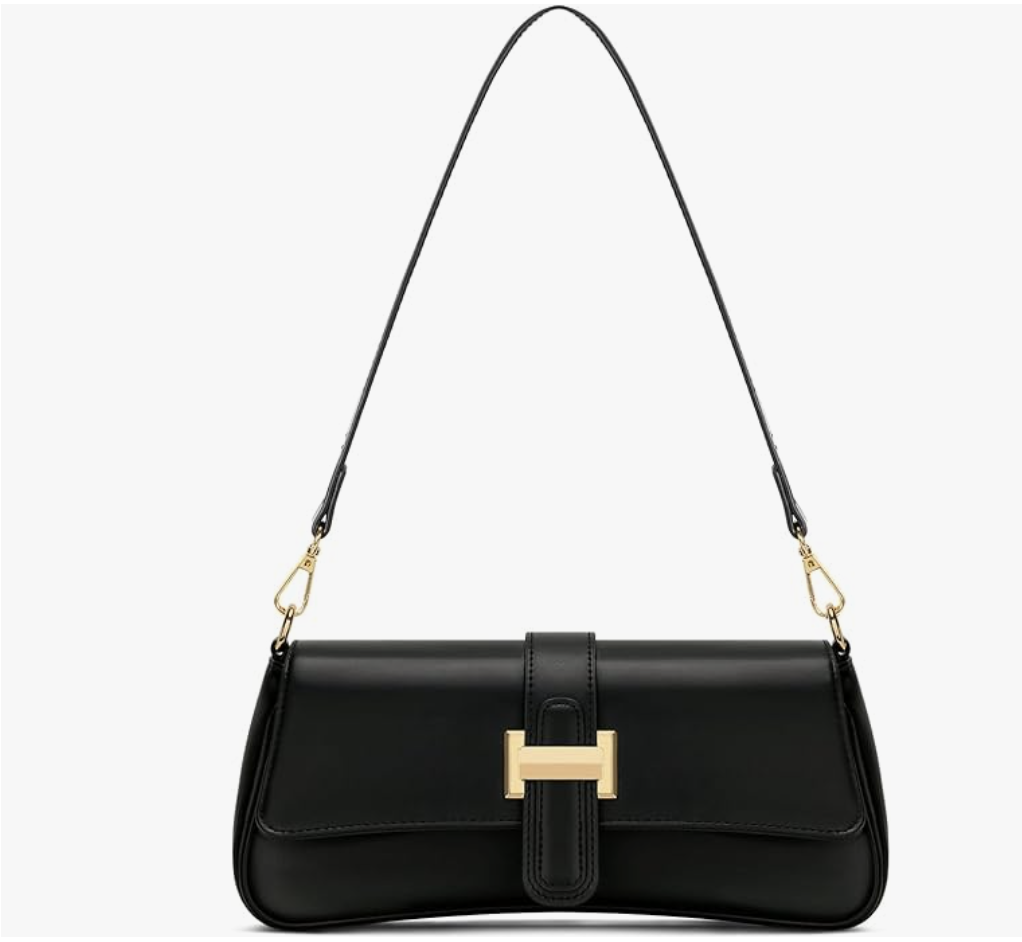 Black structured baguette crossbody bag gold H hardware women's summer handbag under $100