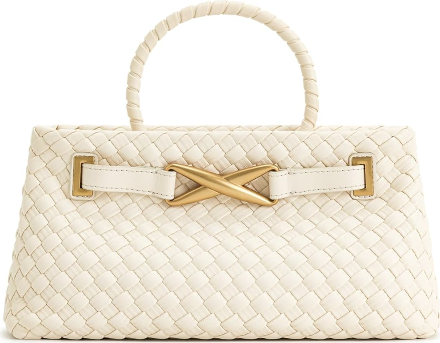 An ivory JW PEI Elora Tote Bag featuring an intricate woven vegan leather design, a gold-toned bird-inspired clasp, and a structured top handle.
