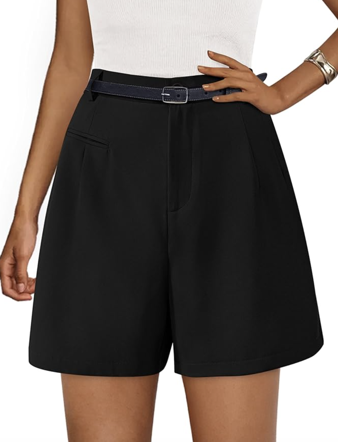 A pair of black high-waisted tailored work shorts with a wide-leg fit and belt loops, styled for a professional summer office look.