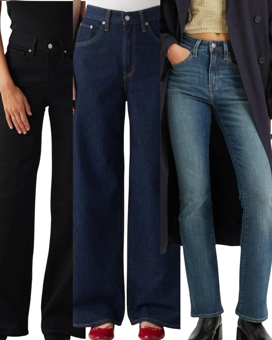 A collage of women's Levi's denim styles featuring black straight-leg jeans, dark wash wide-leg trousers, and medium wash slim-fit jeans.